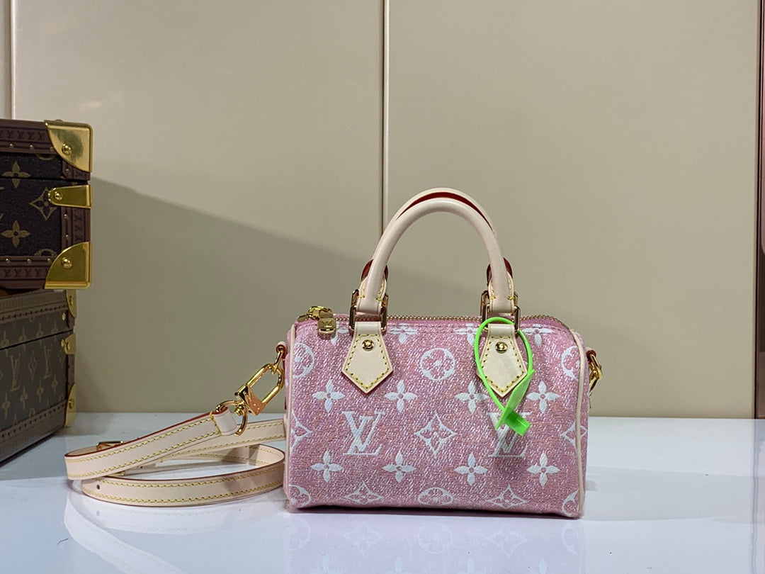TOP Louis Vuitton LV  Denim Monogram Speedy 20 Bag 20x13.5x12cm  - Pink