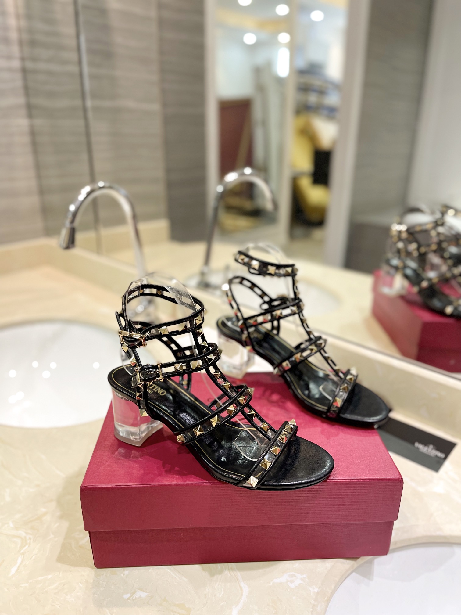 TOP VALENTINO Crystal Heel Sandals with Mini Rivets  - 5 Color