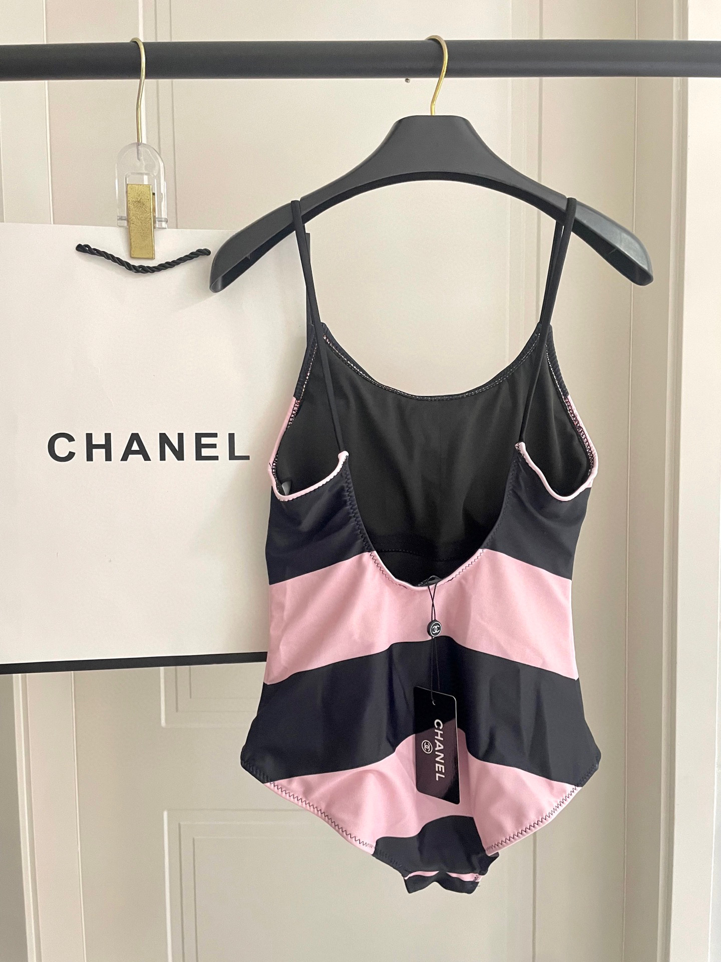 TOP CHANEL Striped One-Piece Swimsuit - Black and Pink