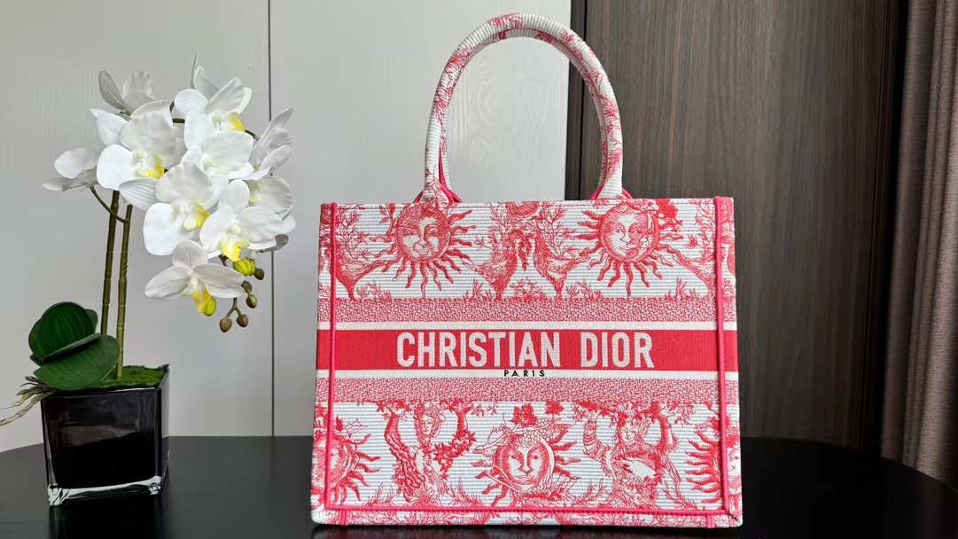 TOP Christian Dior Book Tote Toile de Jouy Soleil Embroidery Bag 36 x 27.5 x 16.5 cm - Coral