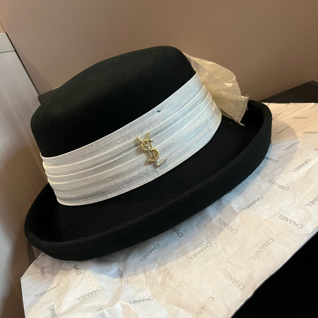 TOP Yves Saint Laurent YSL Wool Flat Top Hat - Black