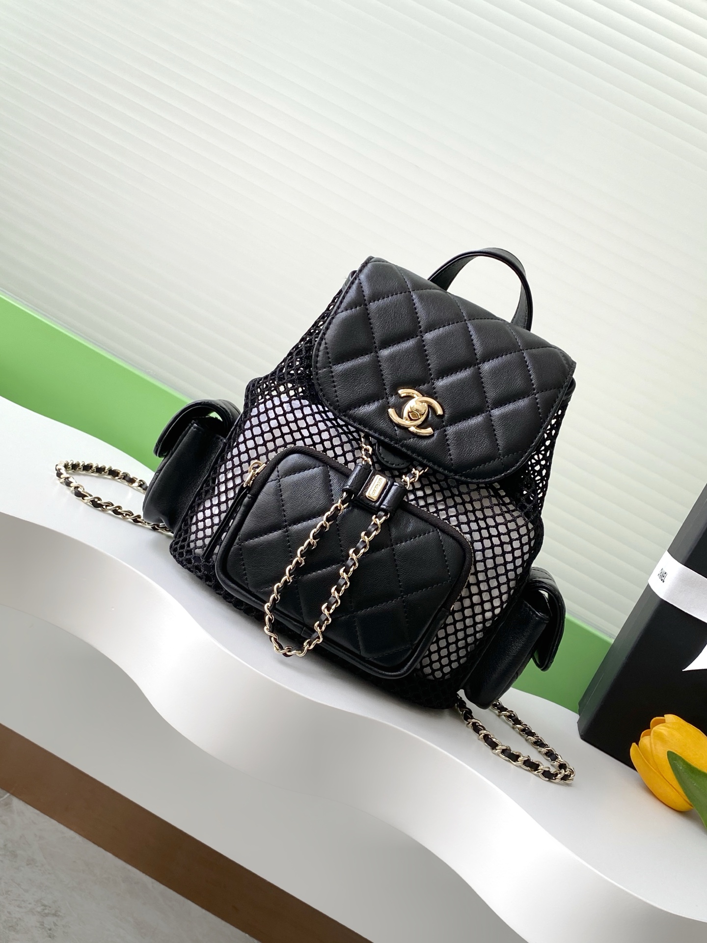 TOP CHANEL Duma Bags Hollow Mesh Backpack 25*23*13cm - GHW- Black