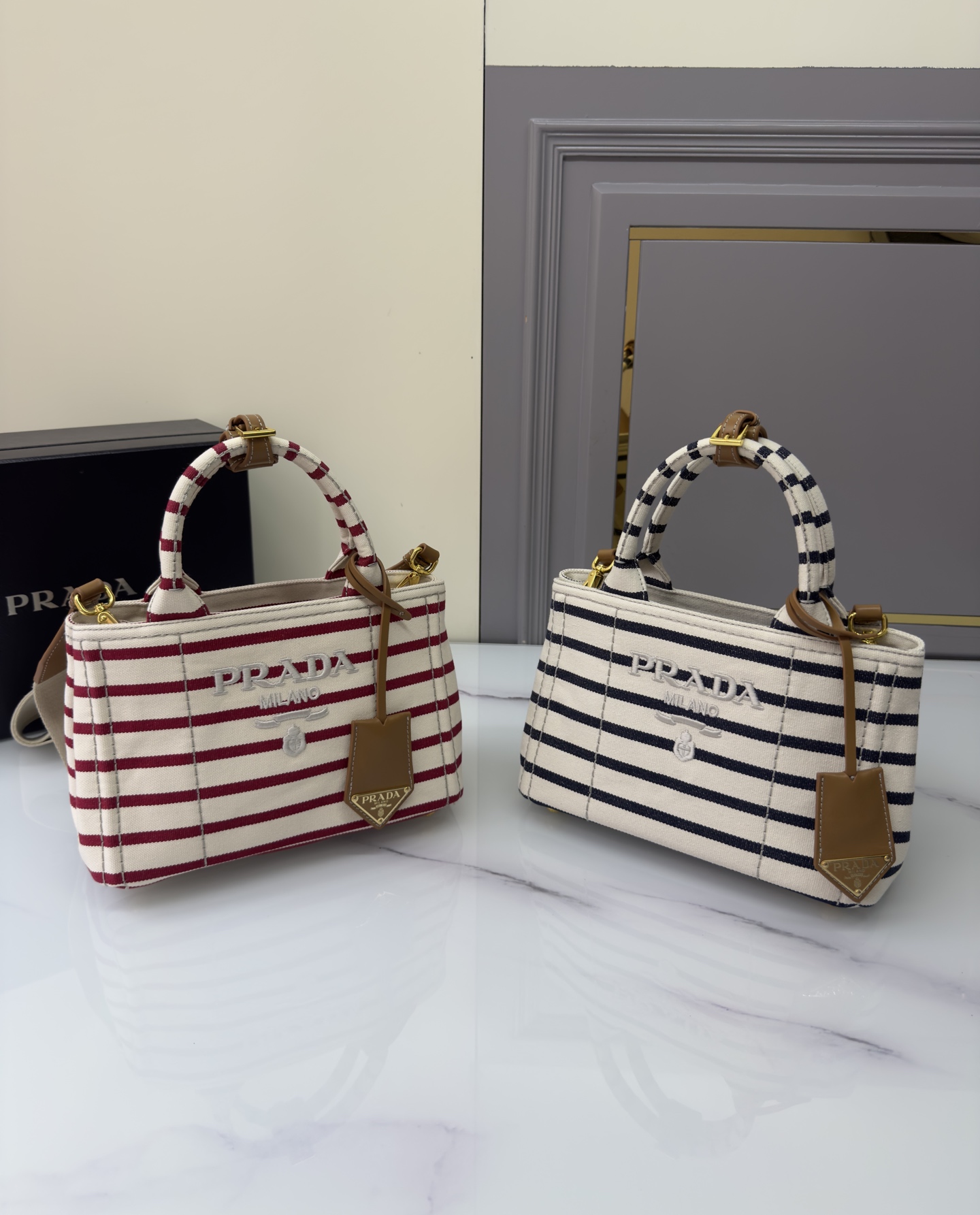 TOP PRADA Mini Striped Bag Canvas 22x15x13cm - 2 Color