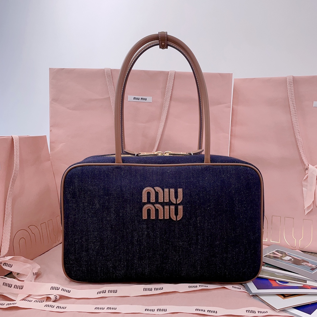 TOP Miu Miu Denim Briefcase Cowhide 34x23x12cm - Denim Blue