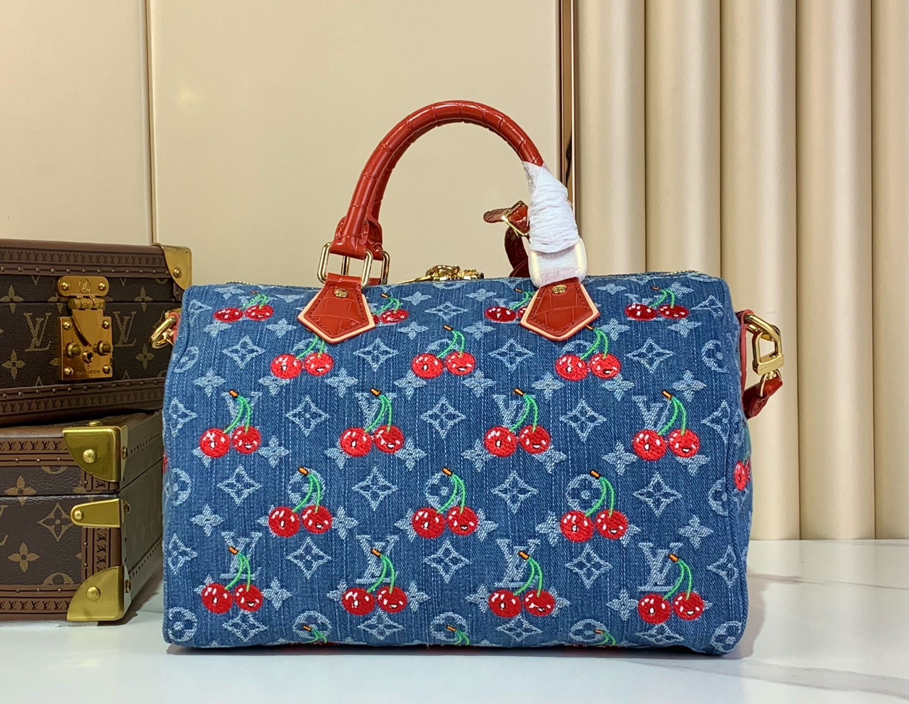 TOP Louis Vuitton LV Speedy Soft 30 Bag Cowboy/Cherry 30x21x17cm - Blue