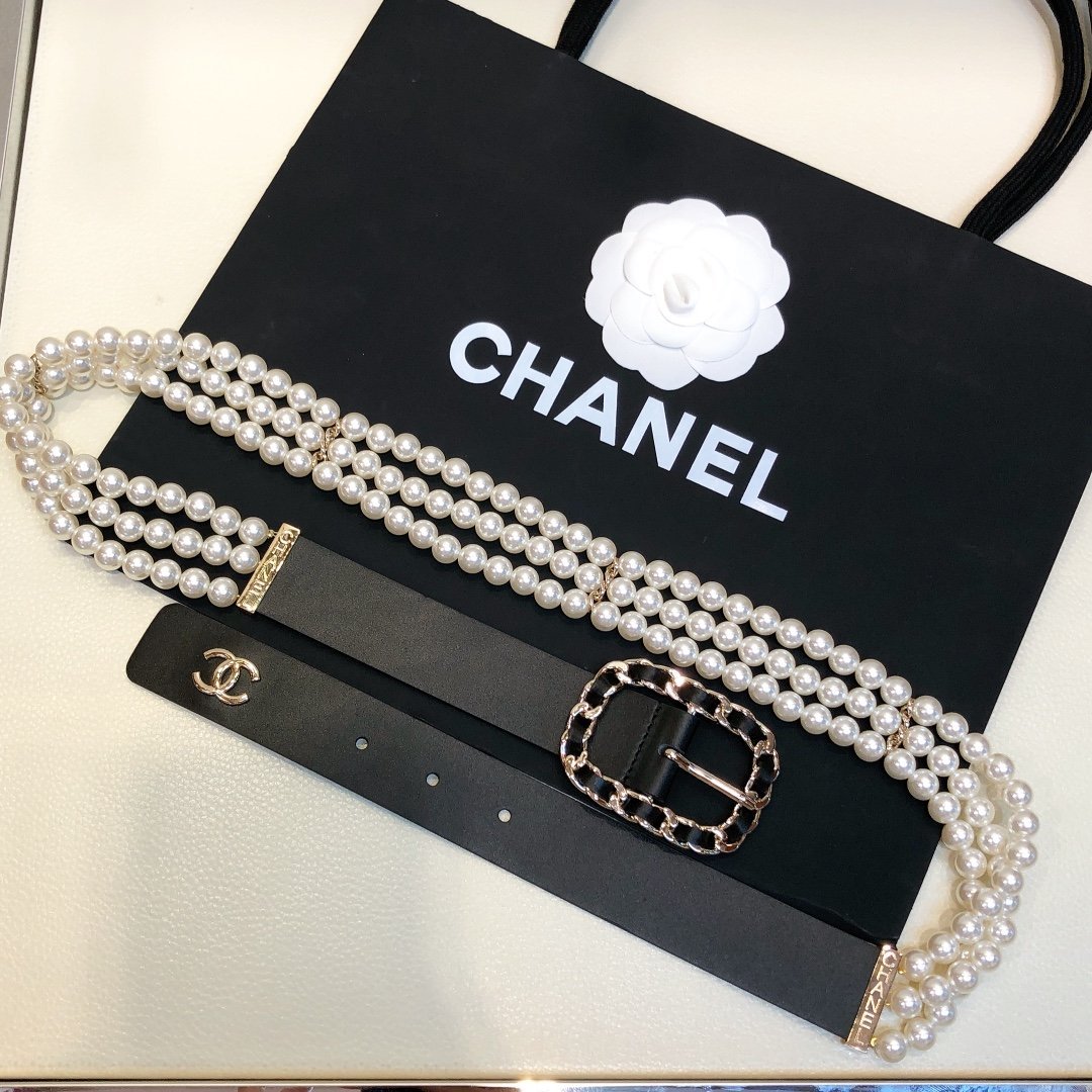 Chanel Belt In Black Imitation Pearls With Gold-Toned Square Metal and Strass Women Belt 30MM