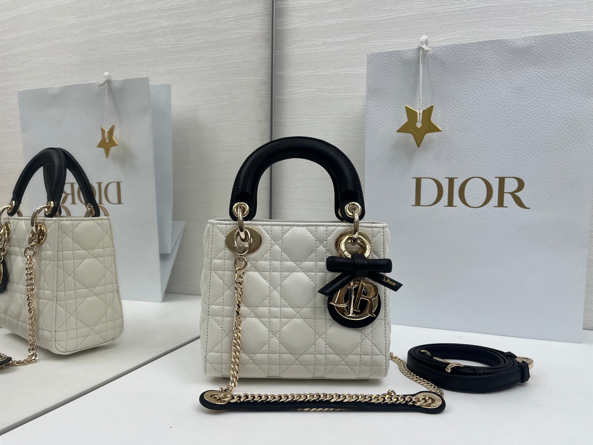TOP Christian Dior Lady Dior Bag with Bow 17x15x7/20x17x8cm - Black and White