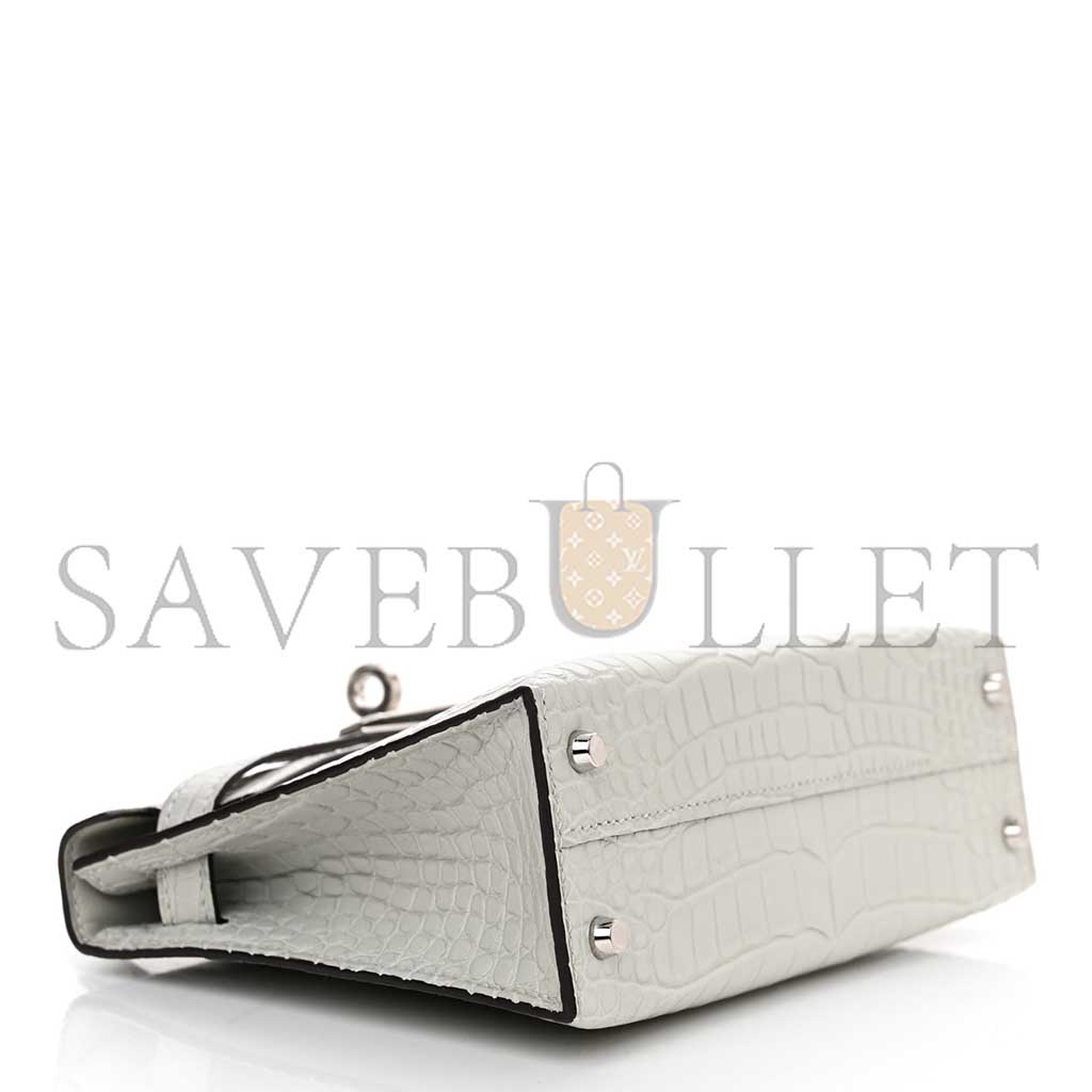 HERMÈS MATTE ALLIGATOR MINI KELLY II SELLIER GRIS NEVE (19*12*5.5cm)