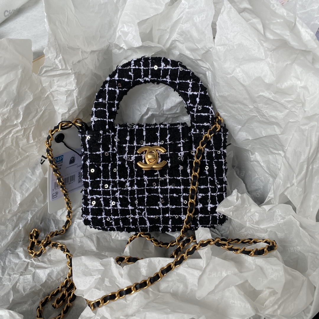TOP CHANEL Woolen Bead Chain Bag 12cm - Black&GHW