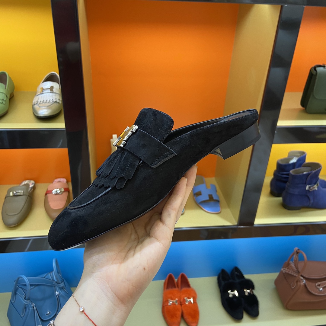 TOP HERMES Rivoli Mules - Black & SHW/GHW