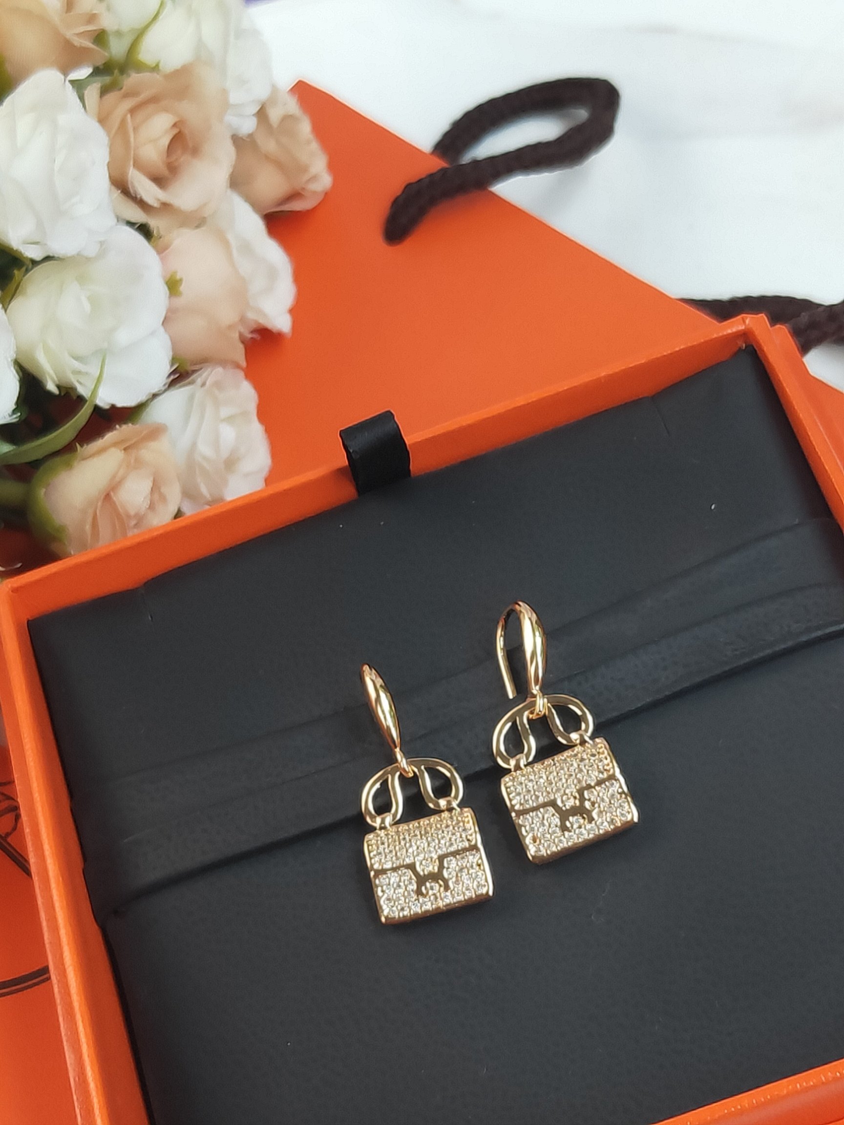 TOP HERMES Diamond Bag Earring-Gold