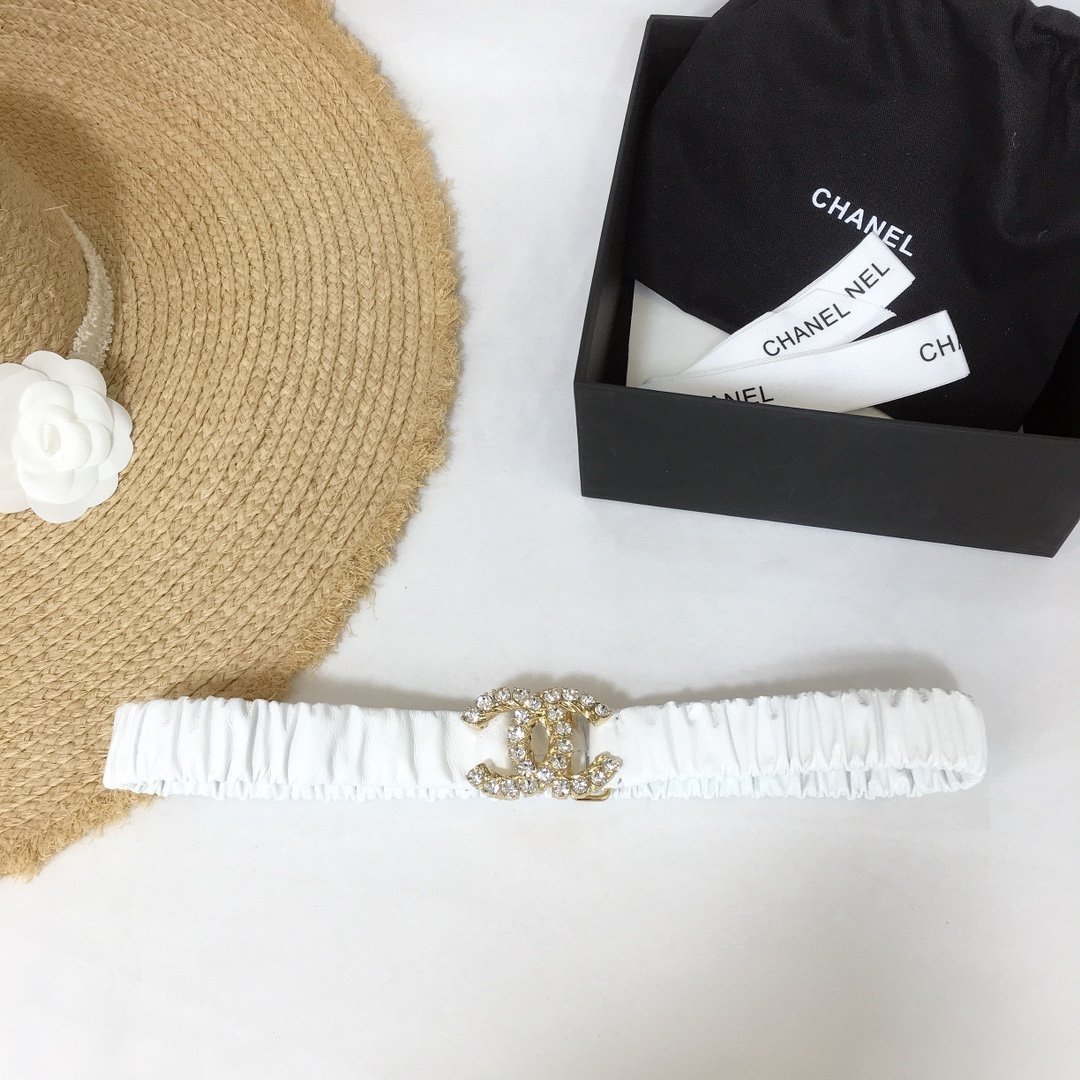 Chanel Belt Velvet White With Double C Buckle Gold-Toned and Strass Hardware Women Belt 30MM