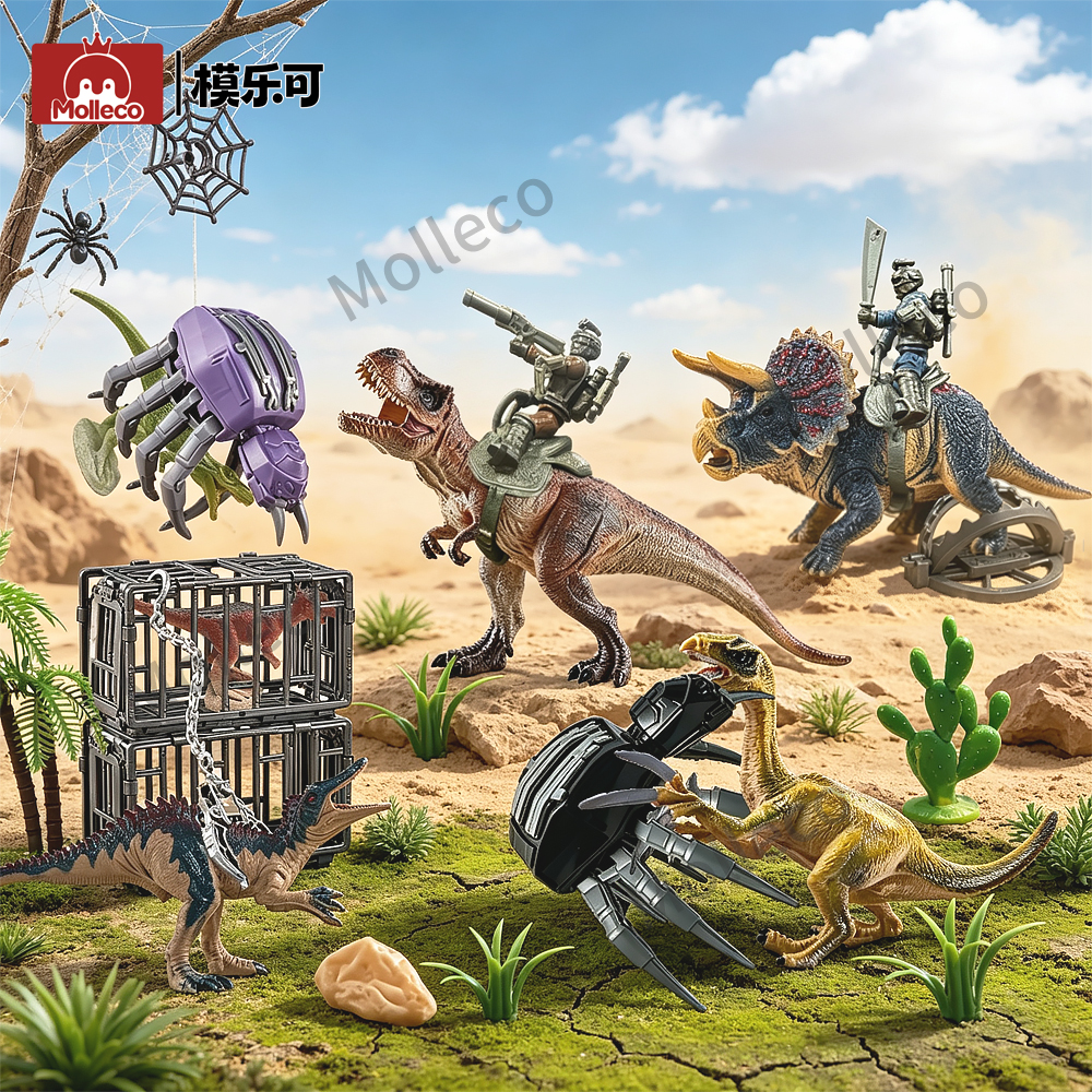 Molleco Dinosaur Figure Toys Set for Kids and Childre ST015 11 Dinosaurs + 2 Spider Traps + 2 Dragon Knights + 4 Cages + Props