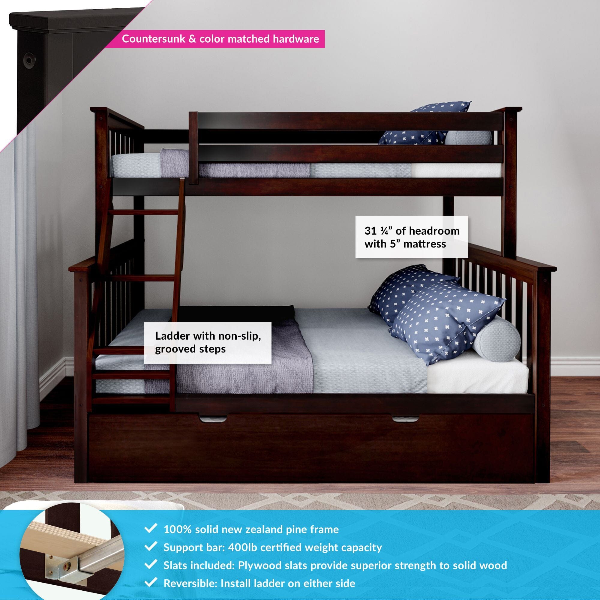 🎄Store Closing Sale💖Kids Solid Wood Twin-Over-Full Bunk Bed + Trundle Bed