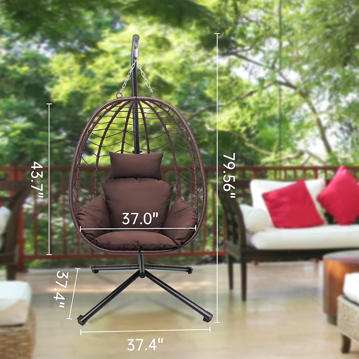 VARVIND Hammock Chair,Swing Egg Chiar with Stand and Cushions, Pillow, Foldable Wicker Rattan Hanging Egg Chair,Adjustable Height,Anti-UV&Waterproof, Indoor and Outdoor Use,286Lbs(Brown)