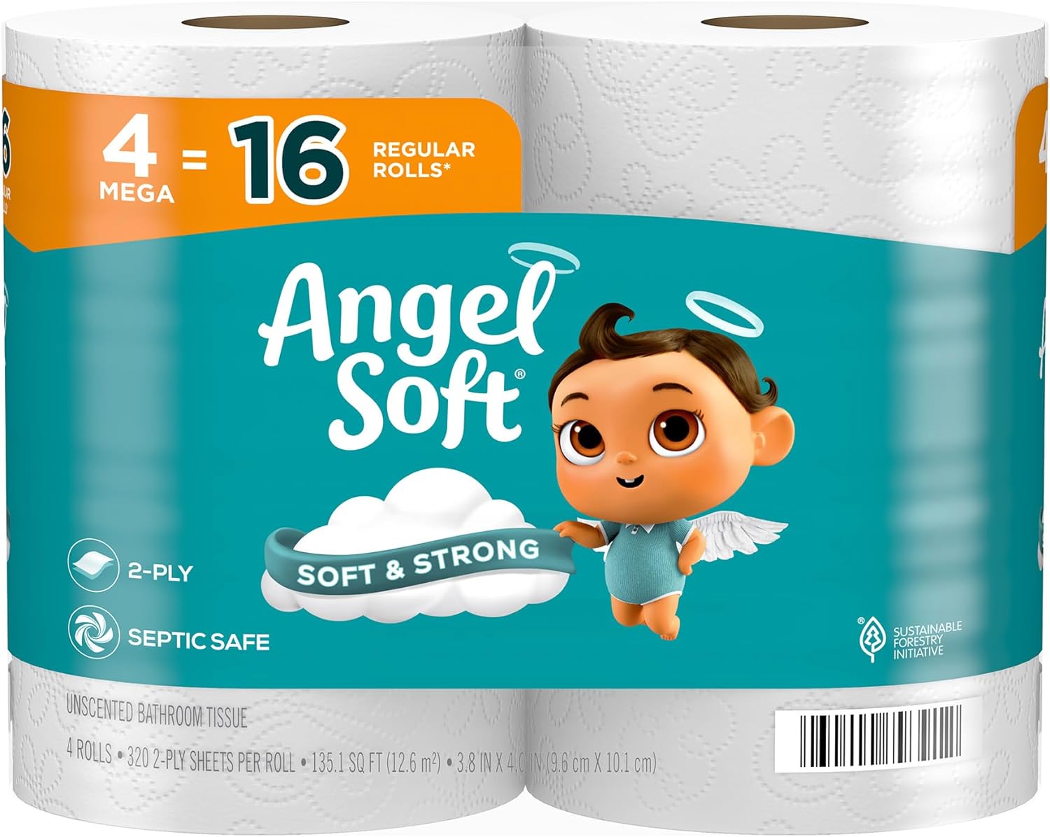 Angel Soft Toilet Paper, 16 Mega Rolls = 64 Regular Rolls, Soft and Strong Toilet Tissue