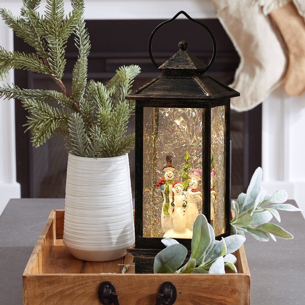 Lighted Christmas Holiday Snowman Family Swirling Snow Globe Lantern