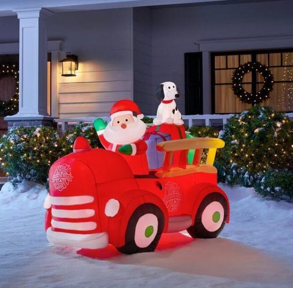 5 ft inflatable santa driving vintage fire truck scene