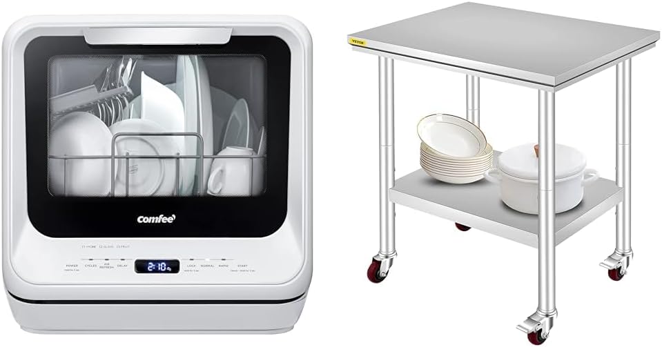 COMFEE' Portable Dishwasher Countertop with 5L Built-in Water Tank, No Hookup Needed, 6 Programs, 360�� Dual Spray, 192�H High-Temp& Air-Dry Function, Mini Dishwasher for RVs, White
