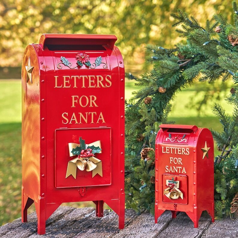 Set of 2 Glossy Red Christmas Mailboxes with Gold Details Medium and Small