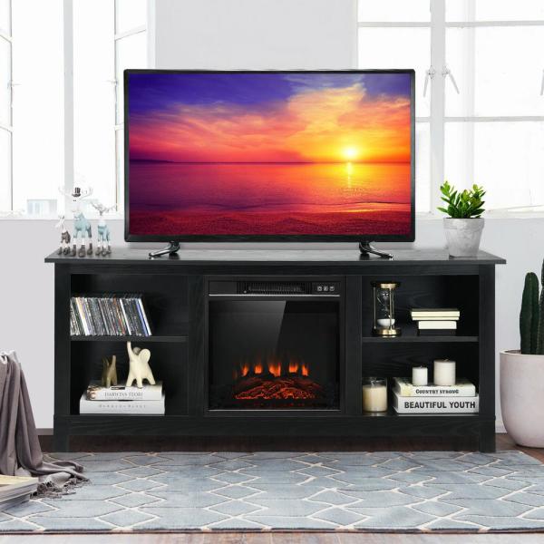 58 in. 2-Tier Fireplace Tv Stand W/18 in. 1400-Watt Electric Fireplace 65 in. Black