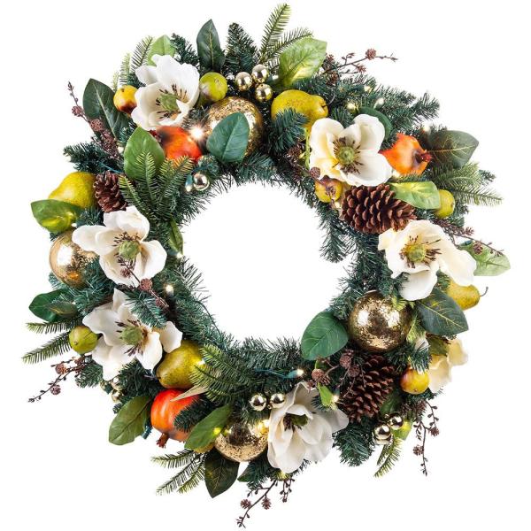 30 in. Pre-Lit LED Magnolia Orchard Wreath