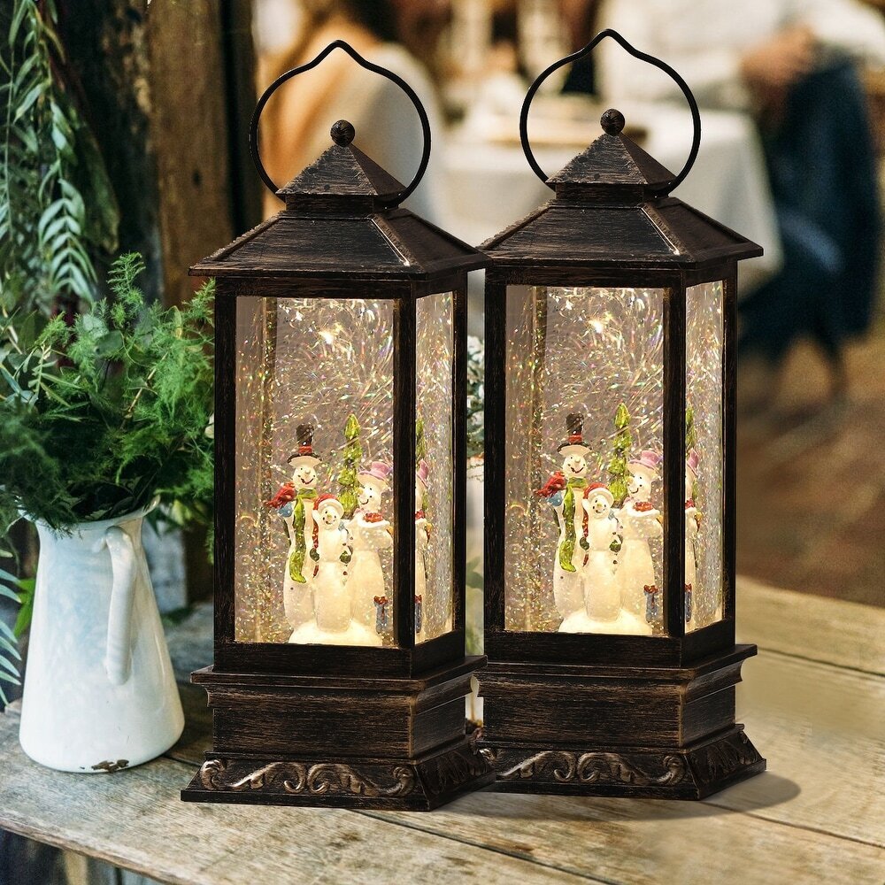 Lighted Christmas Holiday Snowman Family Swirling Snow Globe Lantern