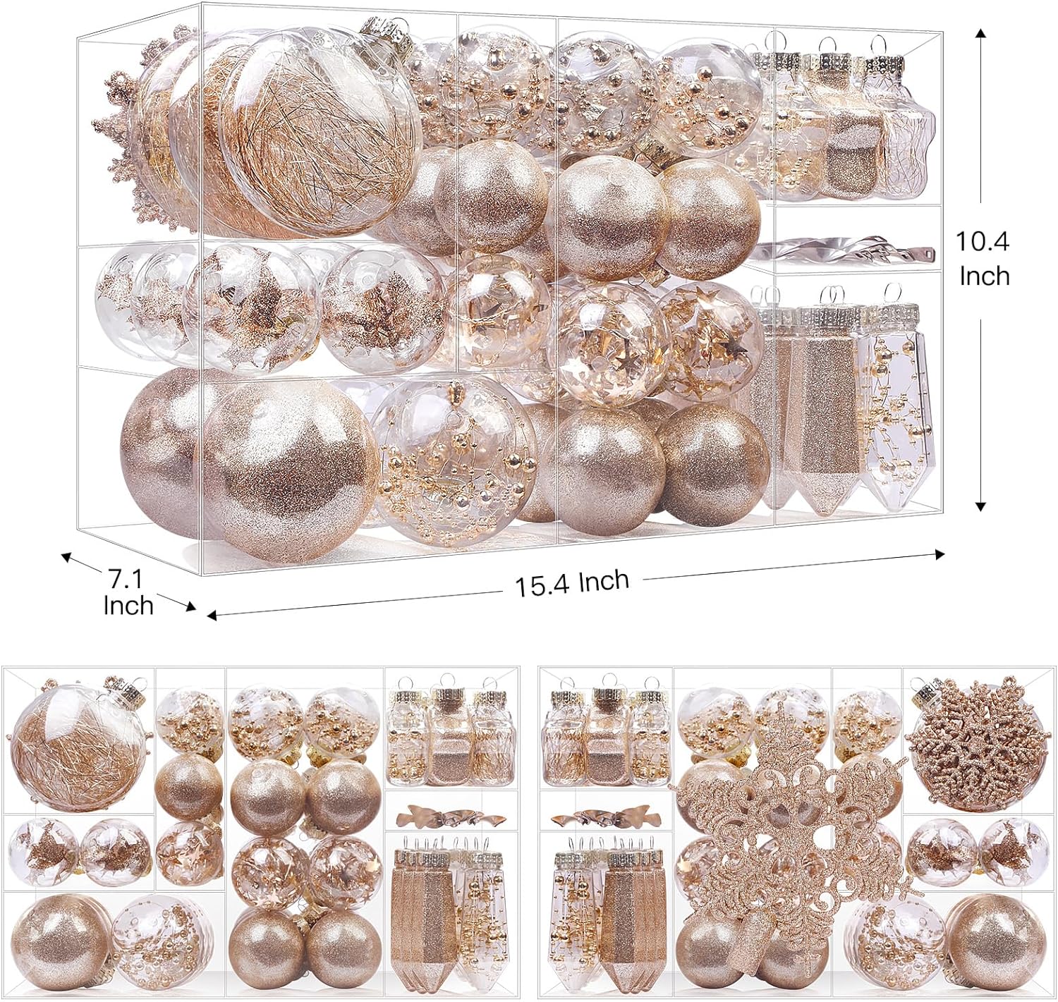 86pcs Champagne Glitter, Sequins, Tinsel and Beads Christmas Shatterproof Plastic Clear Balls Ornaments Set