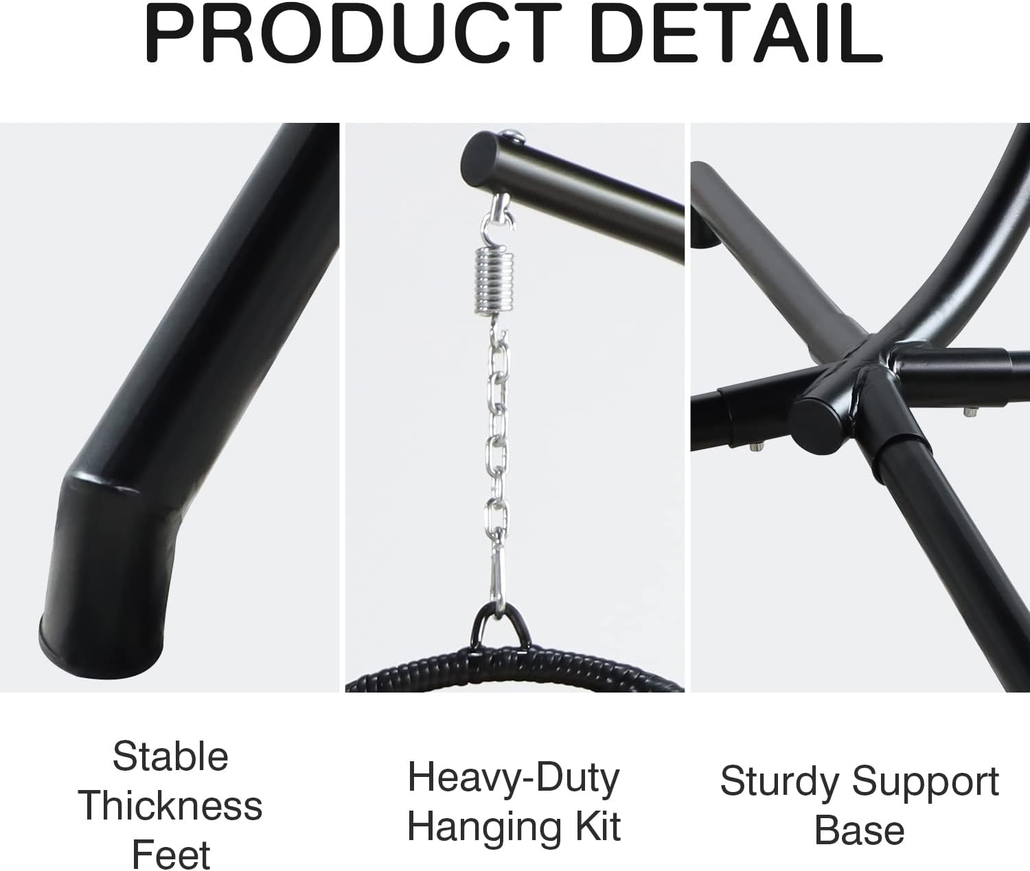 KAIDYSENY Swing Egg Chair, Hammock Chair with Stand, Patio Black Rattan Wicker Patio Basket Hanging Chair with Rope Back, Cushion, All Weather Foldable Hammock Chair for Indoor/Outdoor, Black