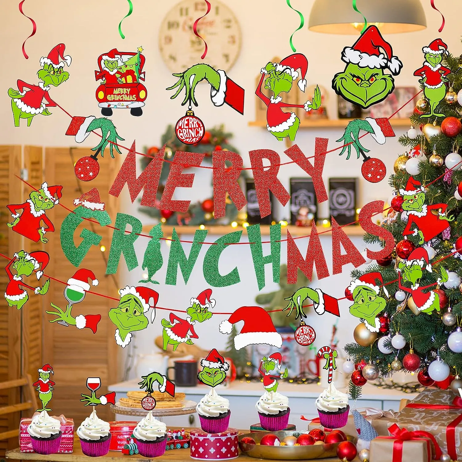Christmas-merry grinchmas banner grinch theme Christmas banner for Christmas decorations holiday party supplies xmas mantel decor