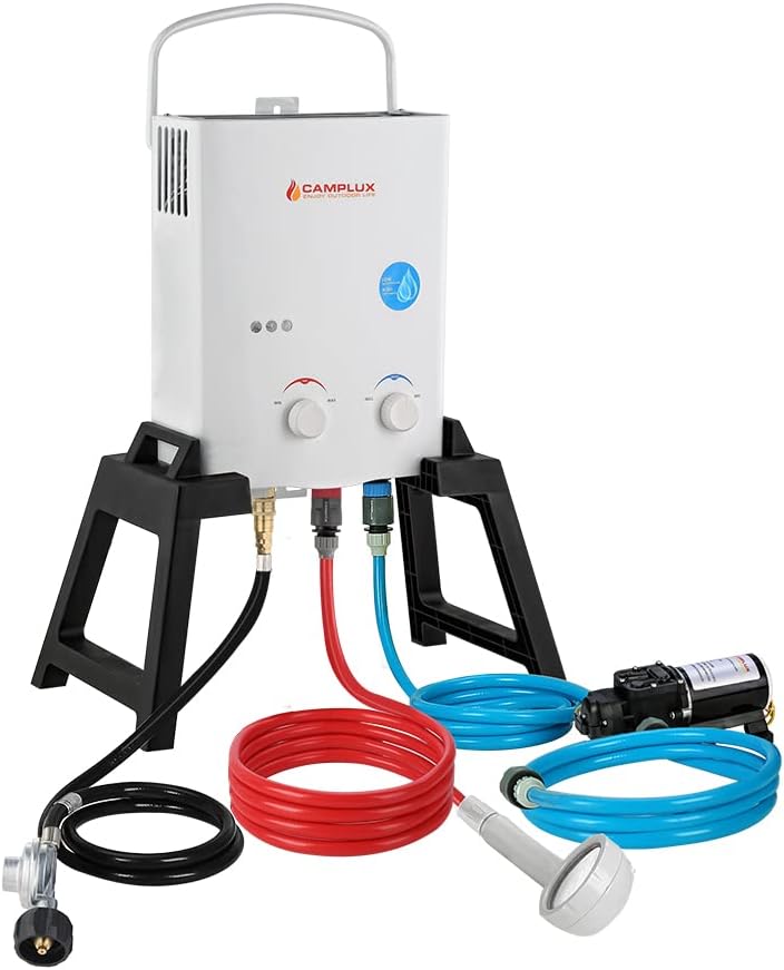 Portable Tankless Water Heater, 1.32 GPM Outdoor Camping Propane Gas Water Heaters w/Freestanding Stand and Carry Bag