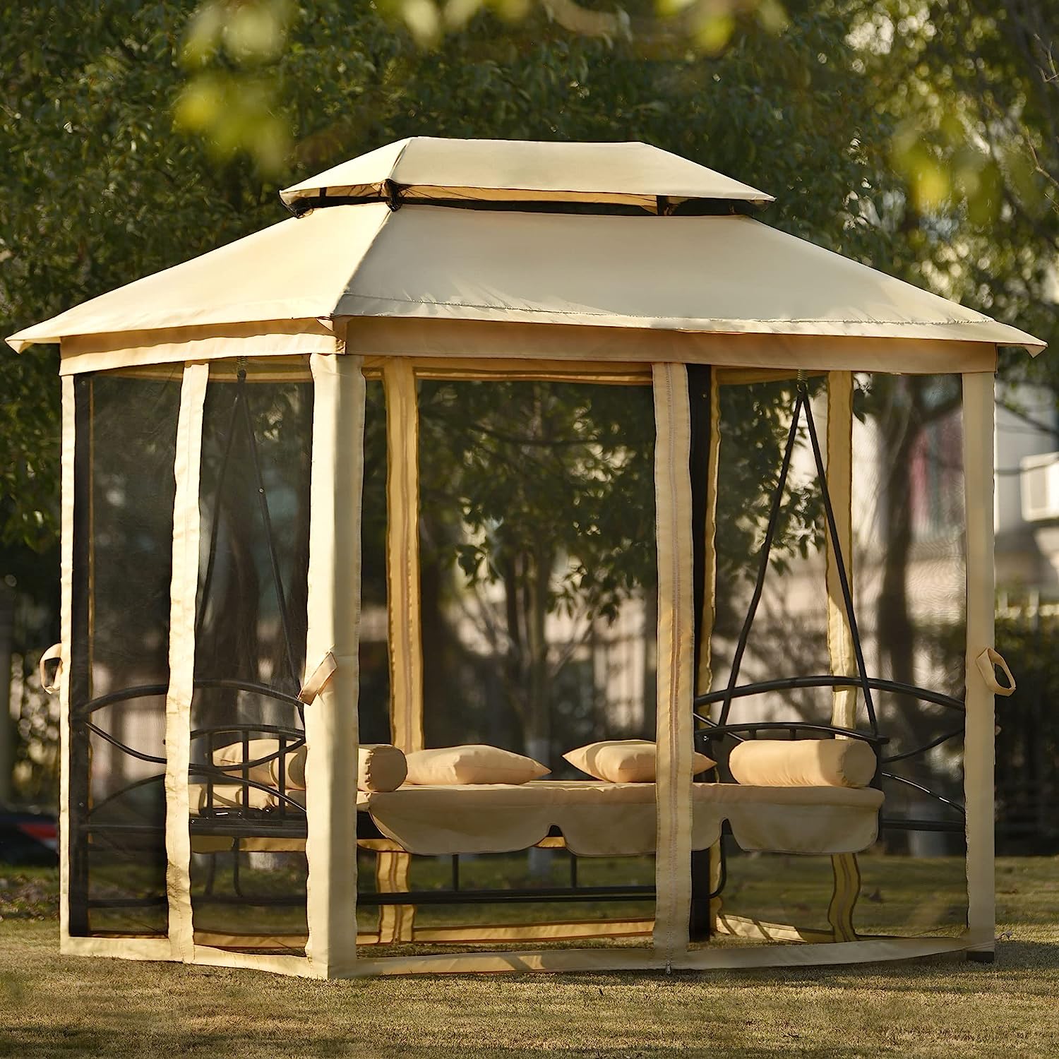Campfun Outdoor Gazebo Swing, 3-Seat Patio Swing Chair, Outdoor Swing Bed, Outdoor Swing with Canopy, Netting Curtains, Side Trays, Canopy Swing for Garden, Poolside Backyard - 8.9x5.9 Ft, Beige