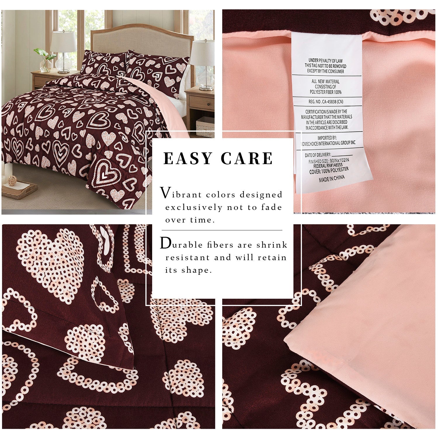 HIG Romantic Love Heart Print Comforter Set, 3 Piece Quilted Down Alternative Comforter with 2 Shams