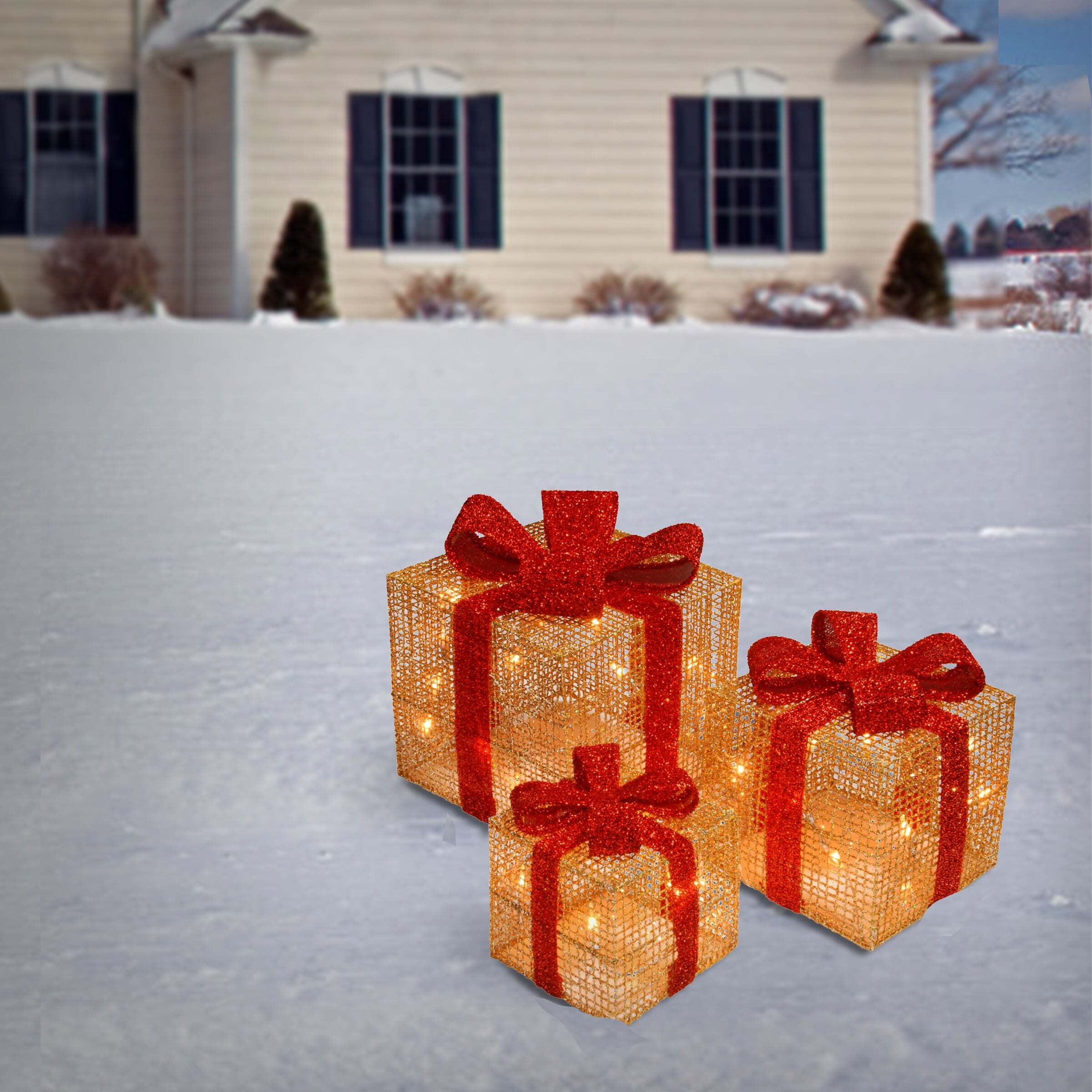 Pre-Lit Gold Gift Boxes, Set of Three, White Lights, Christmas Collection