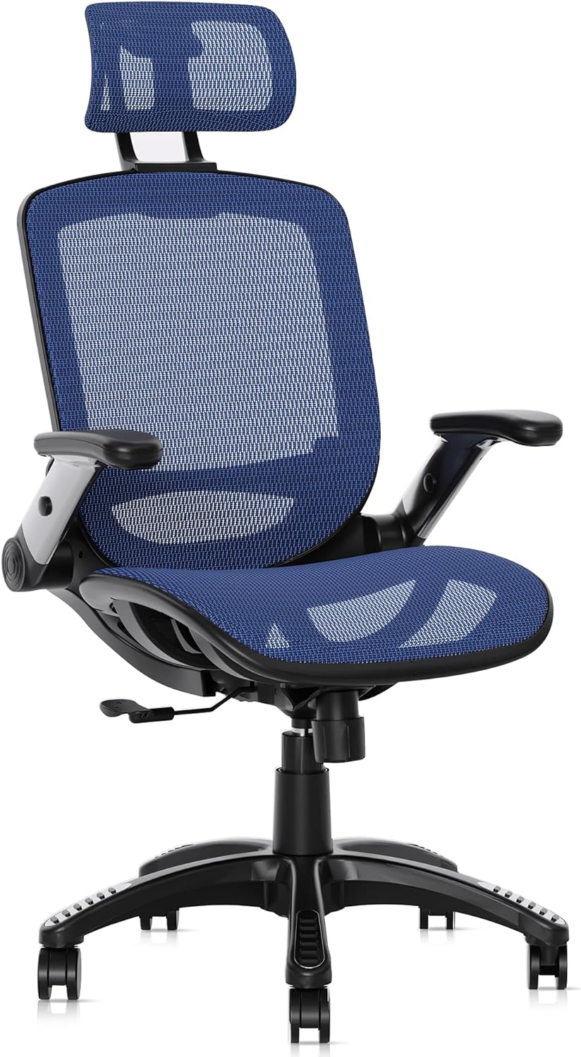 Ergonomic Mesh Office Chair, High Back Desk Chair - Adjustable Headrest with Flip-Up Arms, Tilt Function, Lumbar Support and PU Wheels, Swivel Computer Task Chair