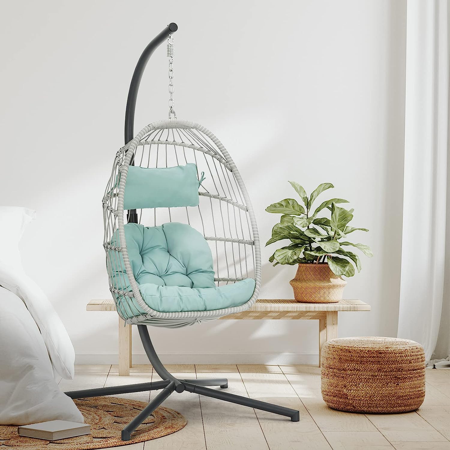 Egg Chair with Stand - Patio Rattan Wicker Hanging Swing Egg Chair Hammock Chair for Indoor Outdoor Bedroom Garden - Aluminum Steel Frame and UV Resistant Cushion 350LBS Capacity (Dark Grey)