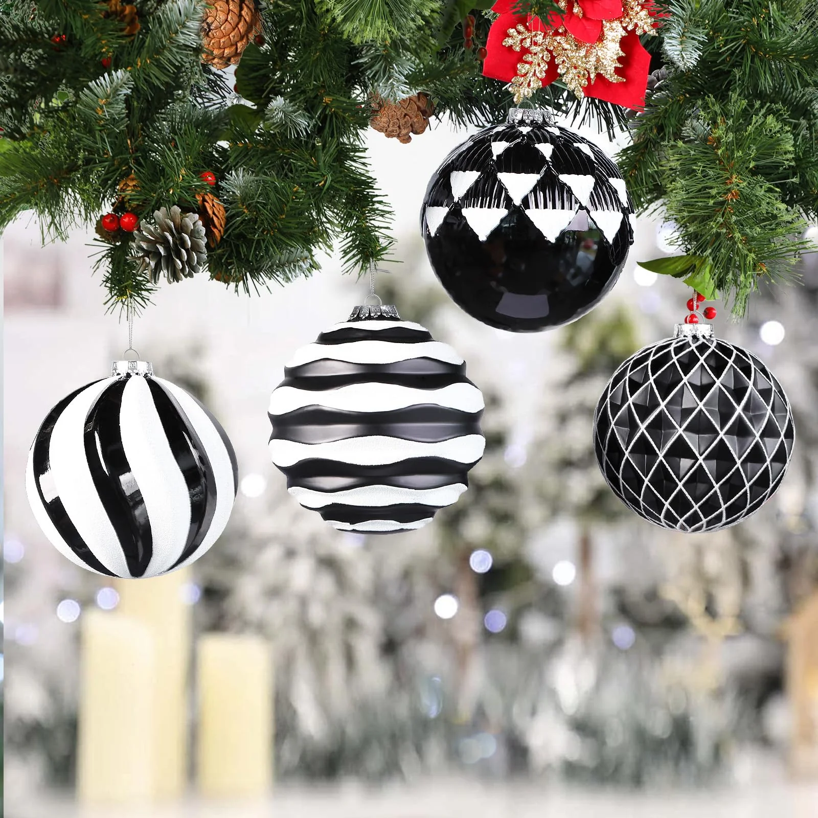 4Pcs 6''/150mm Black & White Large Christmas Ball Ornaments with Hooks