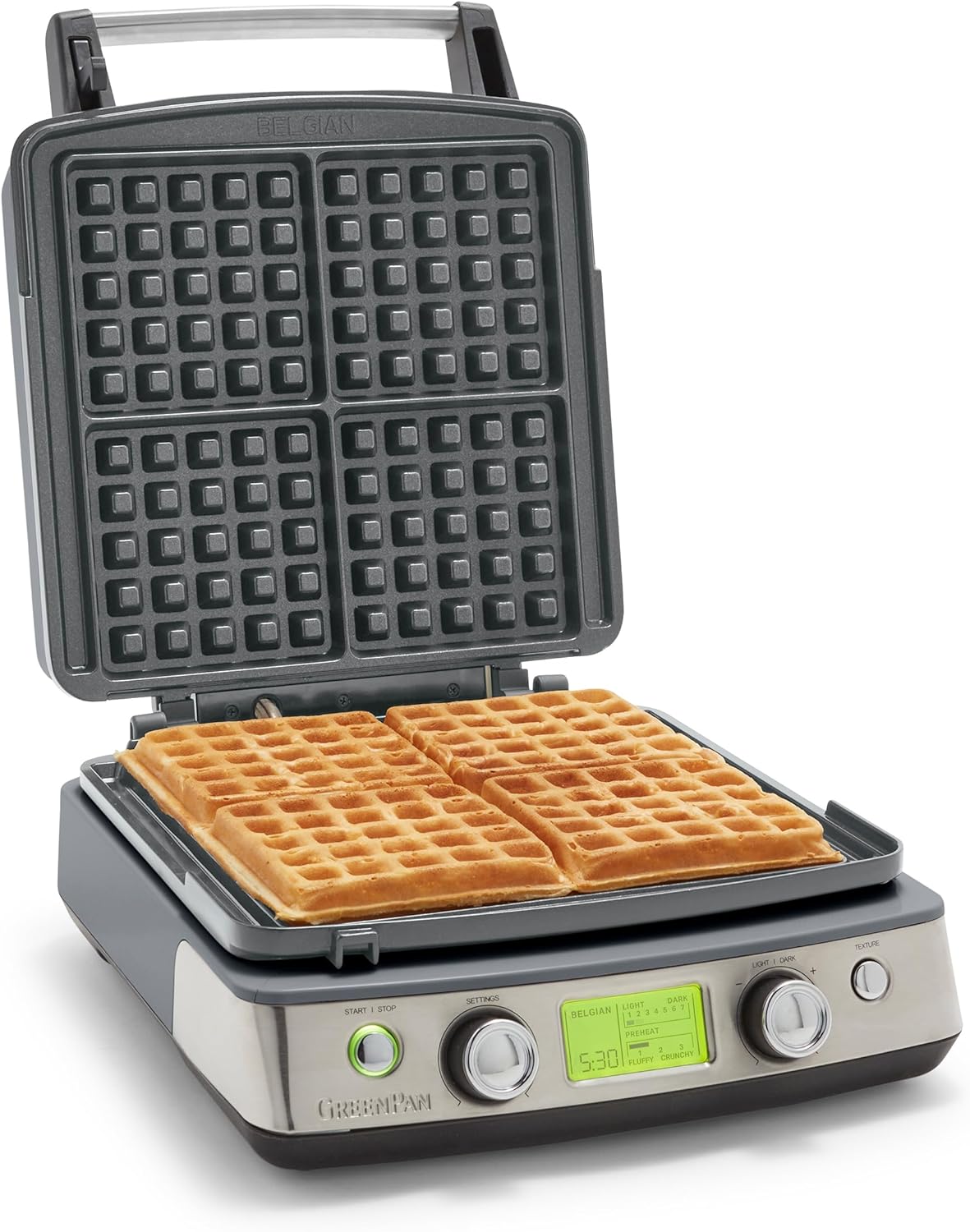 Elite 4-Square Belgian & Classic Waffle Iron, Healthy Ceramic Nonstick Aluminum Dishwasher Safe Plates, Adjustable Shade/Crunch Control, Wont Overflow, Easy Cleanup Breakfast,