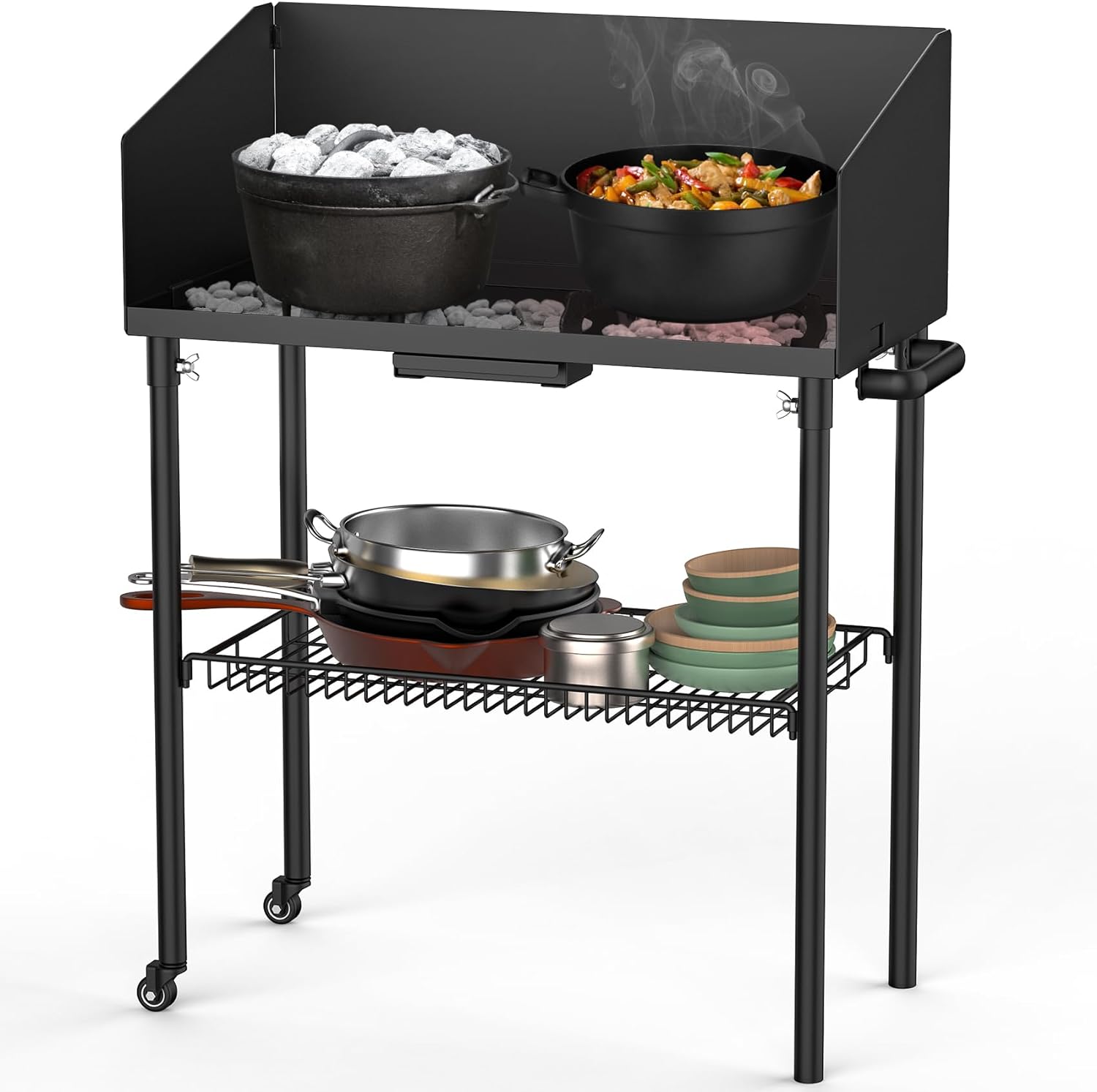 Outdoor Camp Cooking Table for Dutch Ovens and Food Preparation, Collapsible Grill Table Camping Kitchen Station with Side Windscreen & Storage Basket for Backyard BBQ Picnic RV