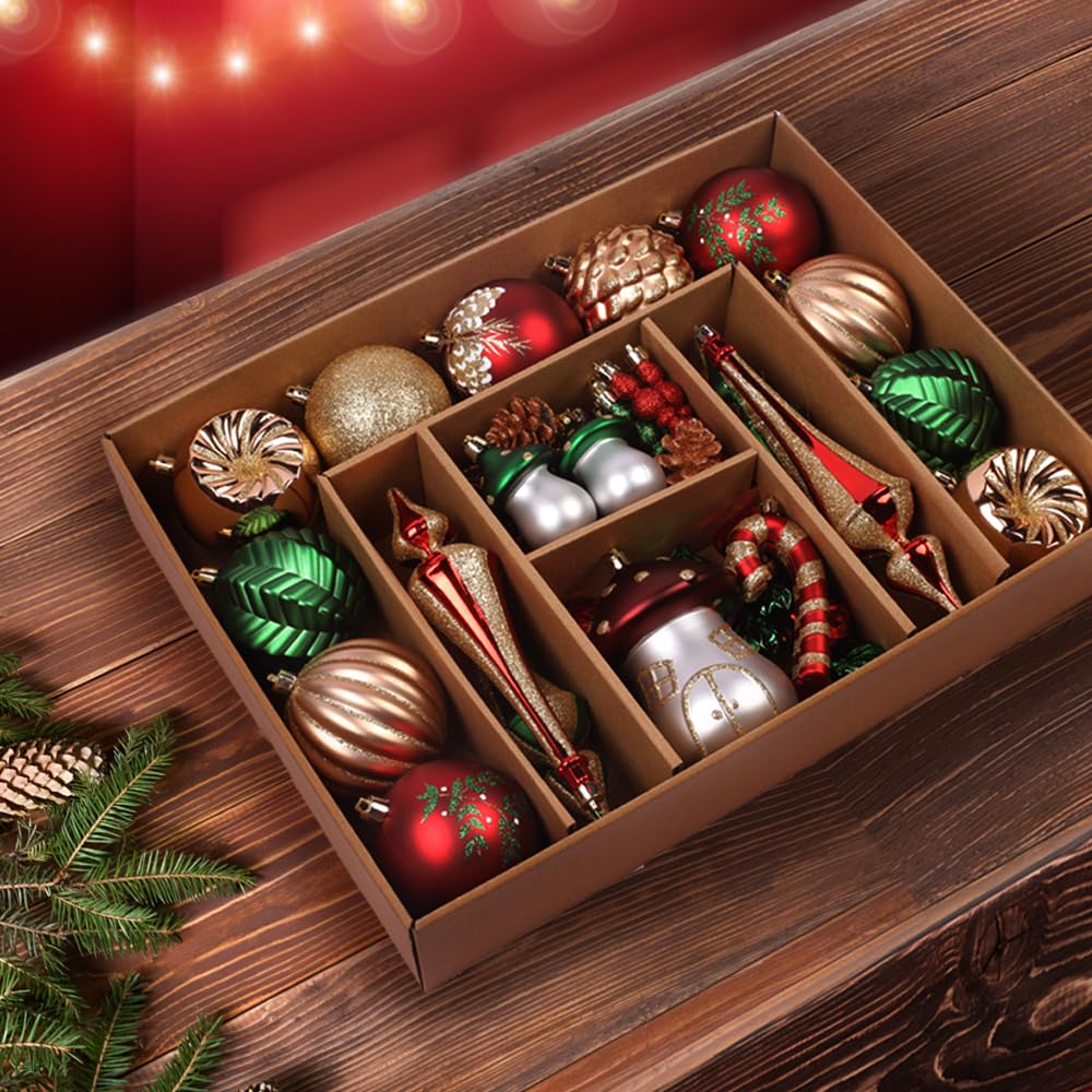 52pcs Bronze Copper Gold & Green Forest Mushrooms Theme Christmas Tree Ornaments Set