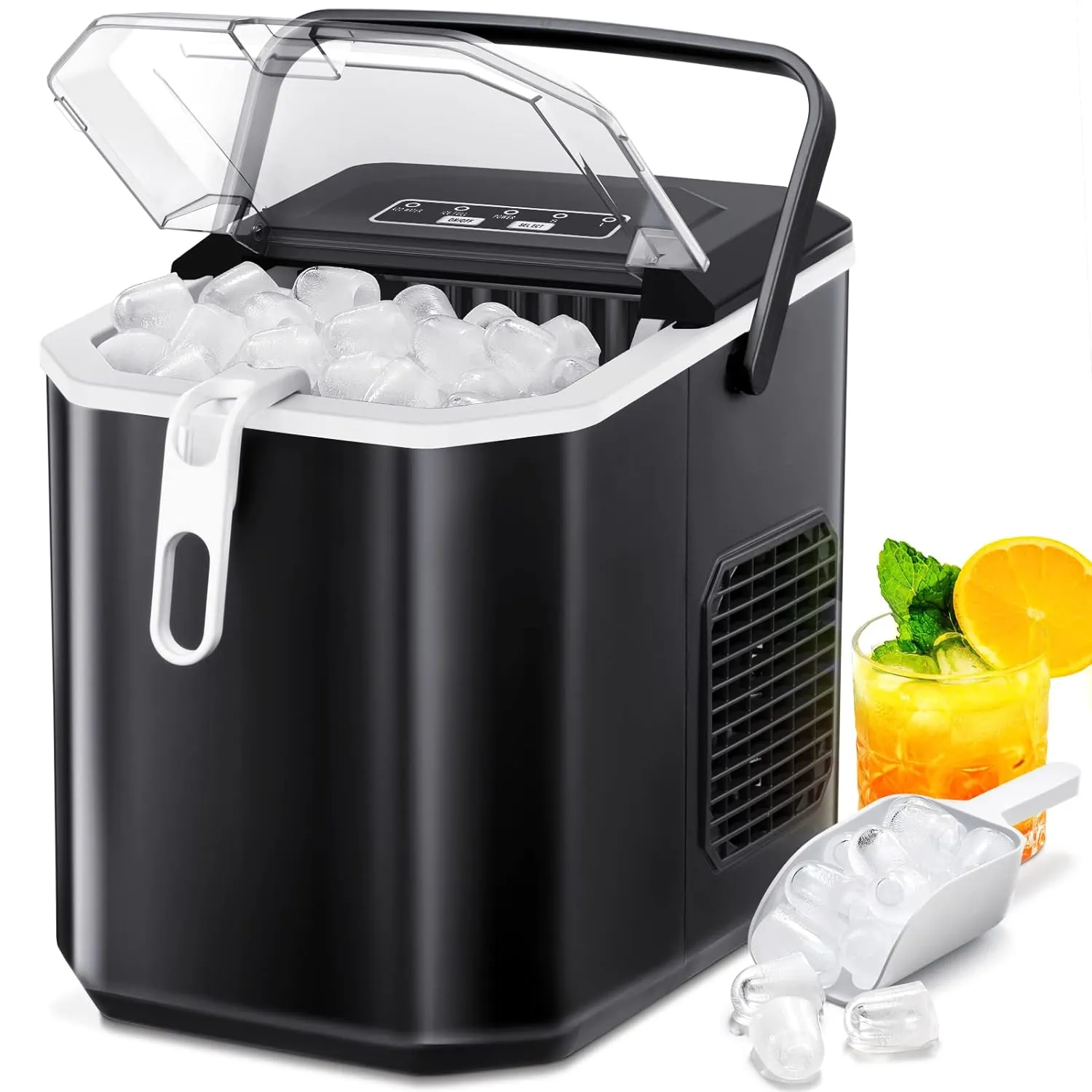 Countertop Ice Maker with Soft Chewable Pellet Ice, Self Cleaning,45lbs/Day,LED 24H Timer, Stainless Steel Black