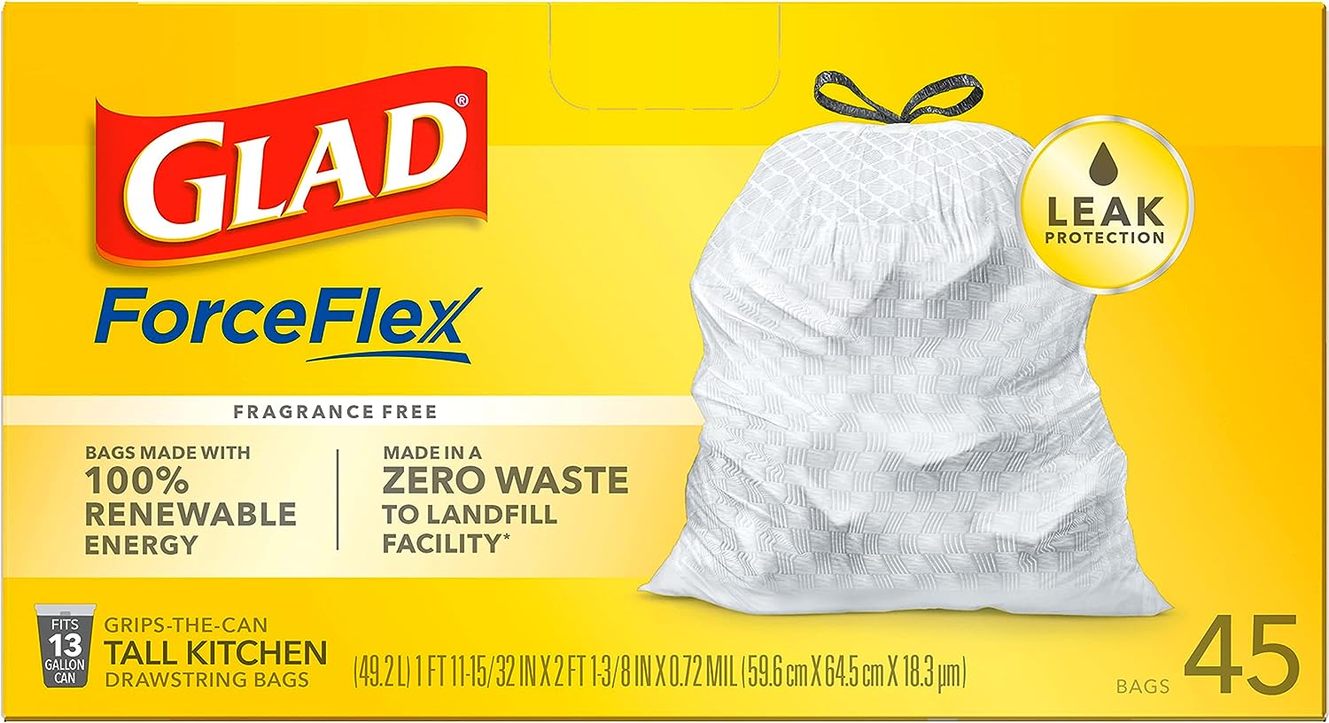 GLAD ForceFlex Tall Drawstring Trash Bags, 13 Gallon White Trash Bags for Tall Kitchen Trash Can, Unscented Leak Protection Bags, 120 Count - Packaging May Vary