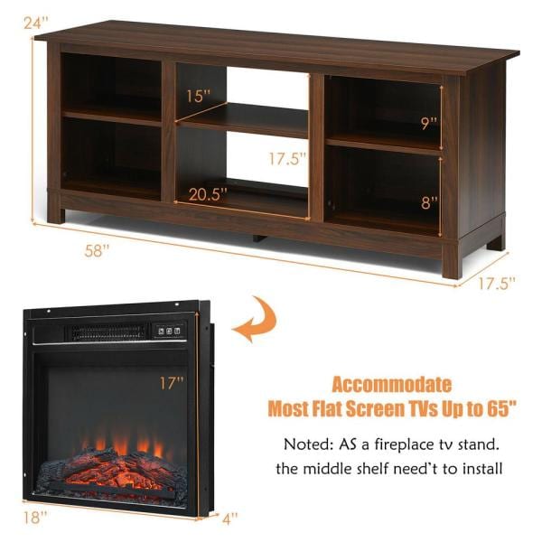 58 in. Fireplace TV Stand with 18 in. 1400-Watt Electric Fireplace 65 in. Walnut (2-Tier)