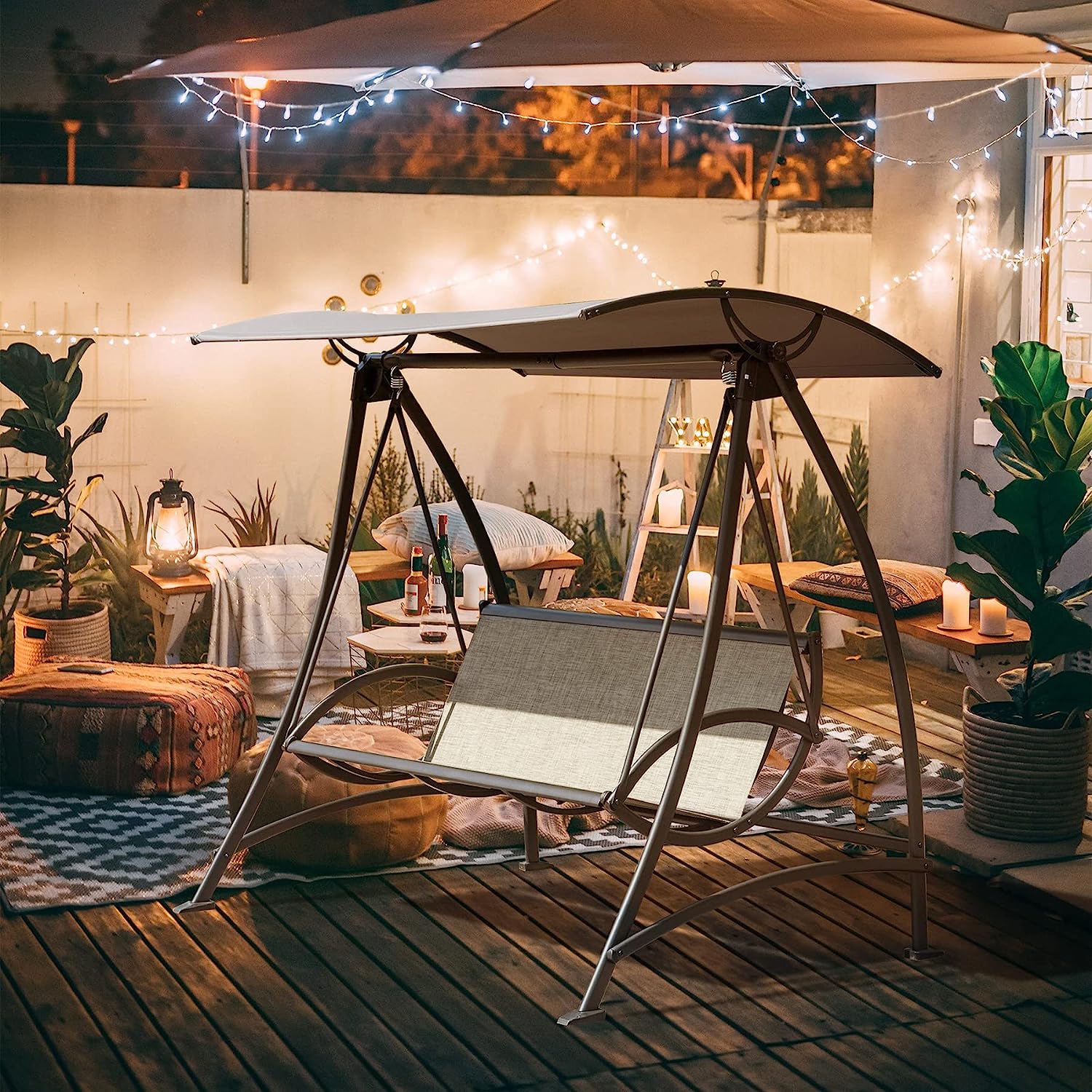 Domi 3-Seat Patio Swing Chair, Outdoor Porch Swing with Adjustable Canopy and Durable Steel Frame, Patio Swing Glider for Garden, Deck, Porch, Backyard