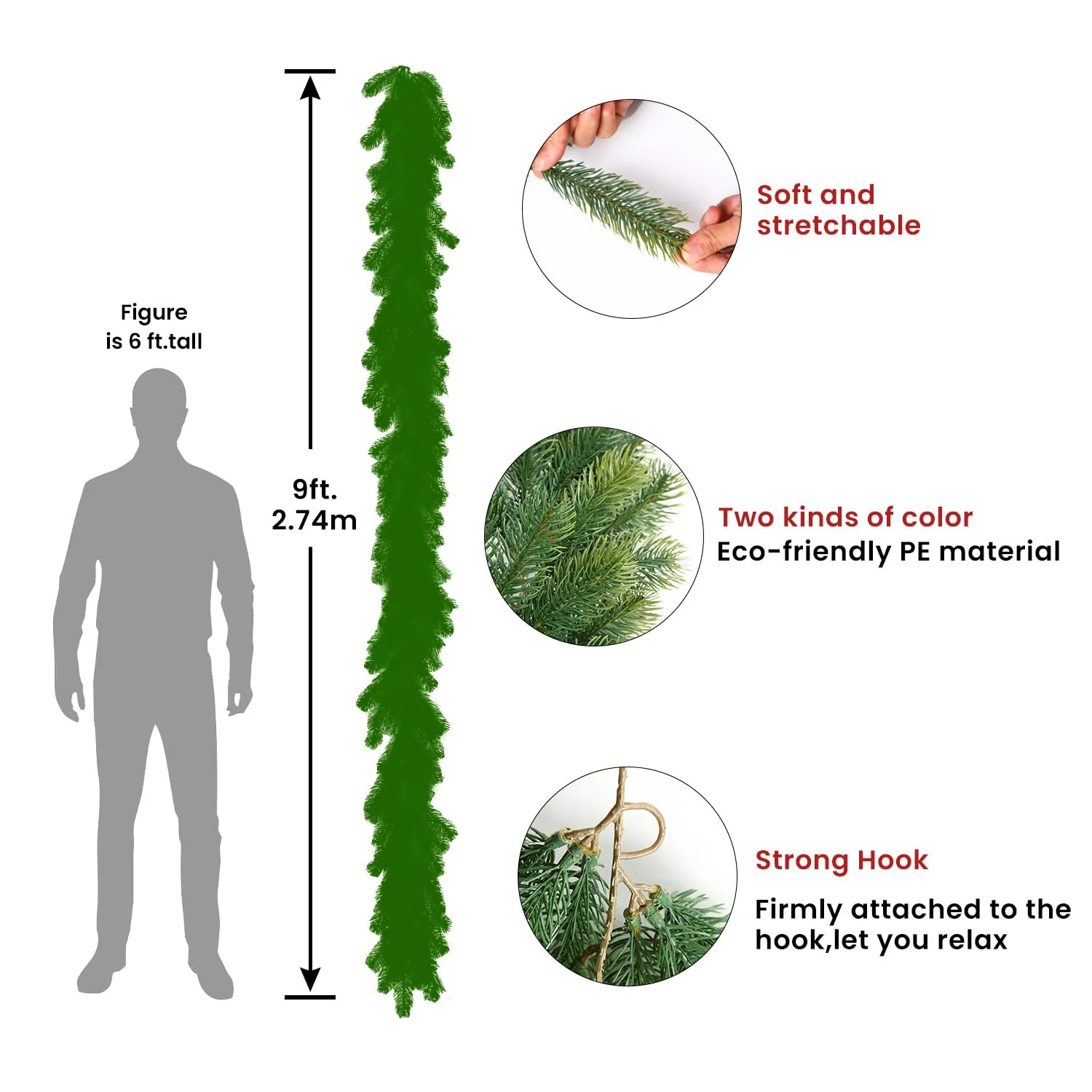9FT(270 cm) Artificial Christmas Greenery Garland,Real Touch Stereo Pine Garland