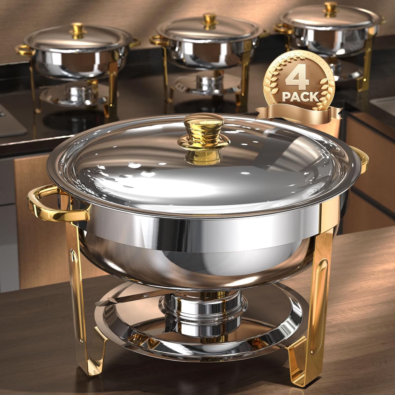 Chafing Dishes for Buffet 4 Pack, 5QT Worry-Free Assemble Round Chafing Dish Buffet Set Elegant Gold and Silver Colors Stainless Steel Chafers and Buffet Warmers Sets for Parties with Complete Set