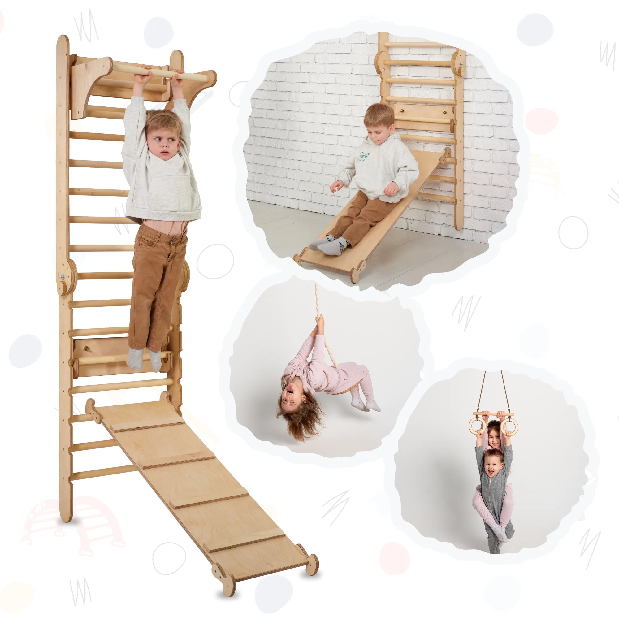 3in1 Swedish Ladder Wall Set: Climbing ladder for Children + Swing Set + Slide Board - Indore Montessori Wooden Play Gym for Toddlers