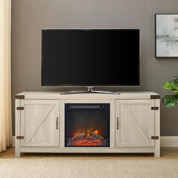 58 in. Stone Grey Wood and Metal Barn Door TV Stand Fits TVs up to 65 in. with Electric Fireplace