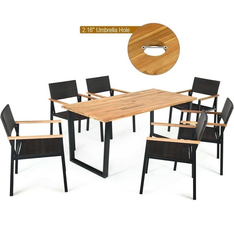 7 Pcs Outdoor Patio Rattan Dining Chair Table Set