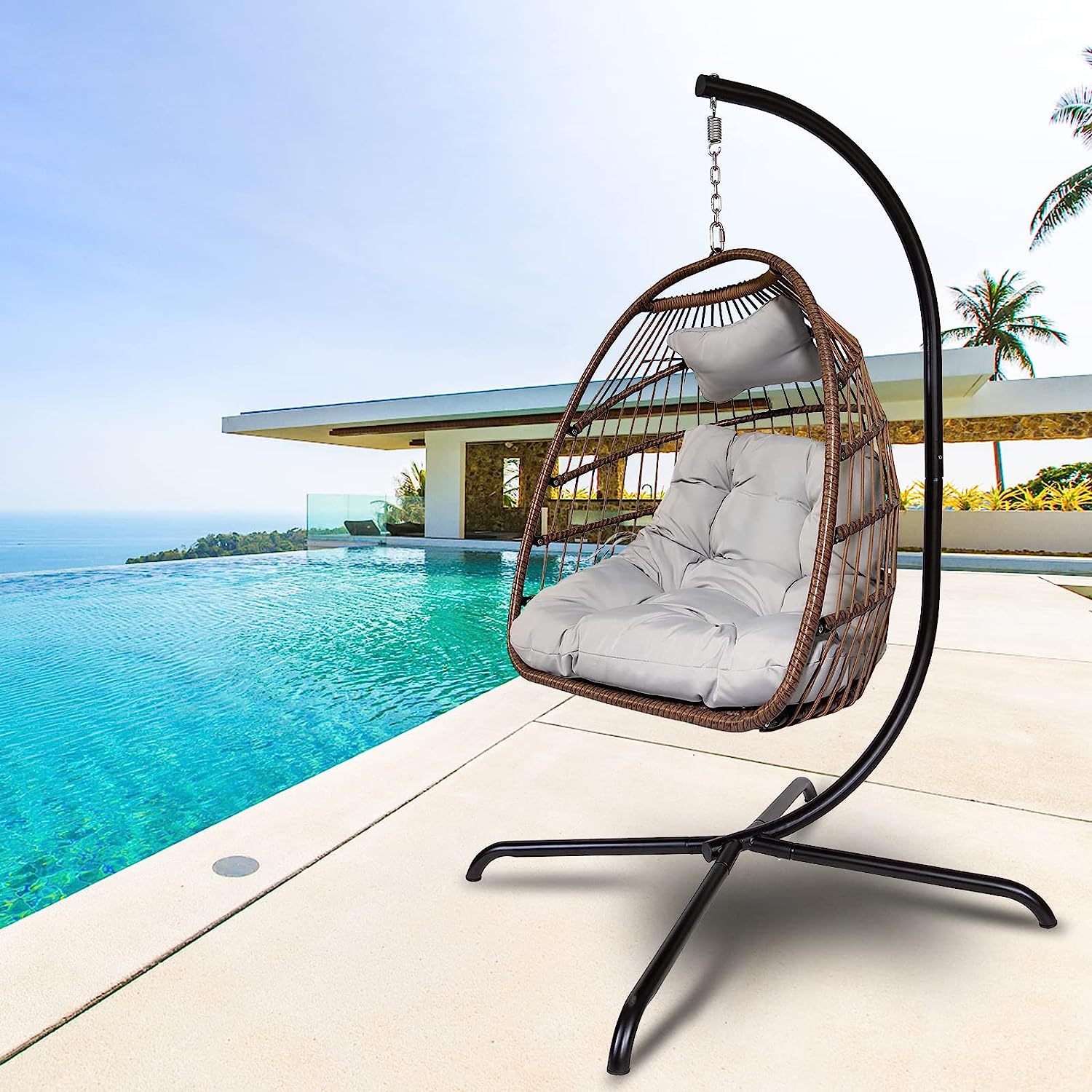 Olela Wicker Egg Swing Chair with Stand Indoor Outdoor,Hanging Egg Chair with Cushion and Pillow,Basket Chair for Bedroom,Living Room or Patio Garden (Natural-Round Base)